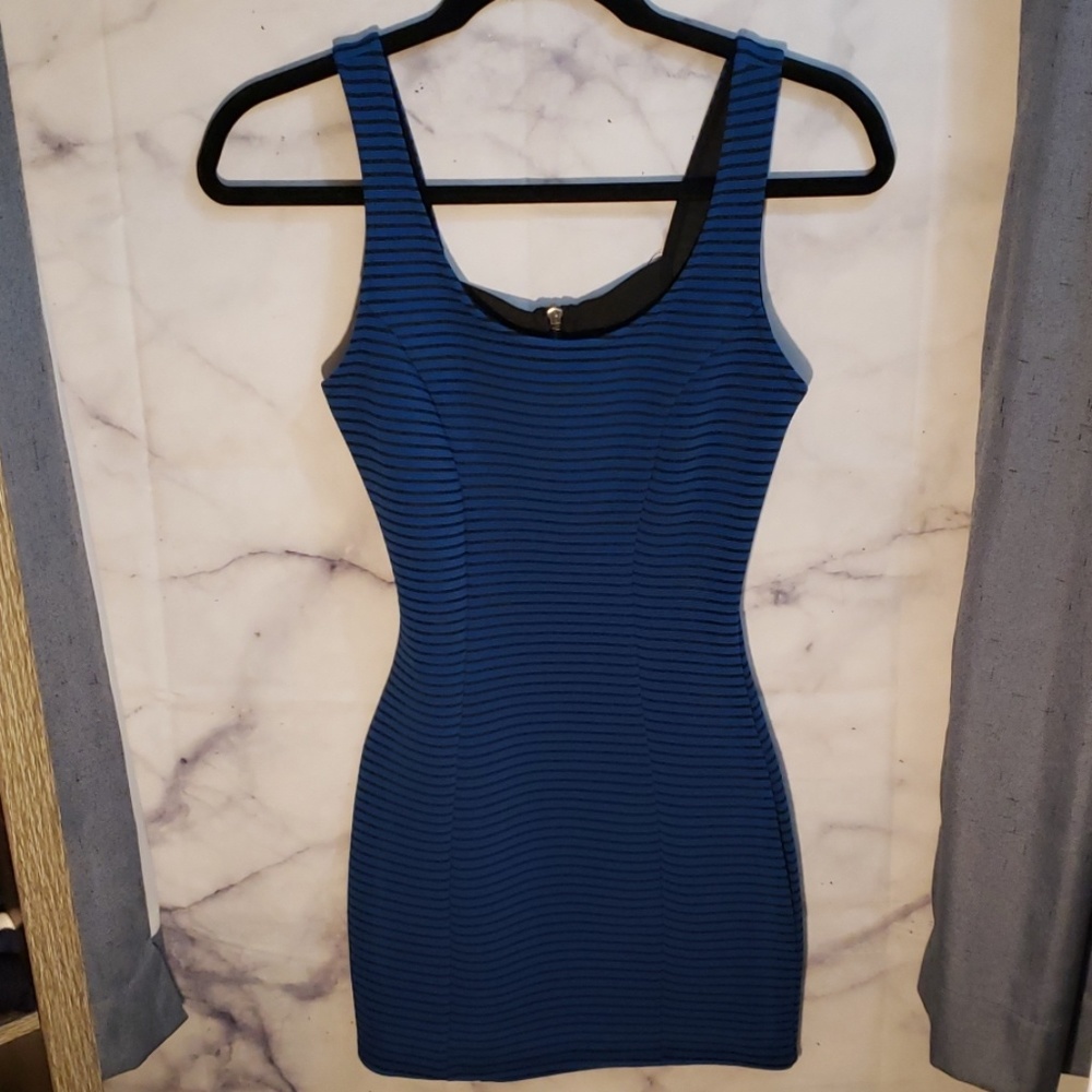 Black Blue Stripe Dress Criss Cross Zip Bodycon
